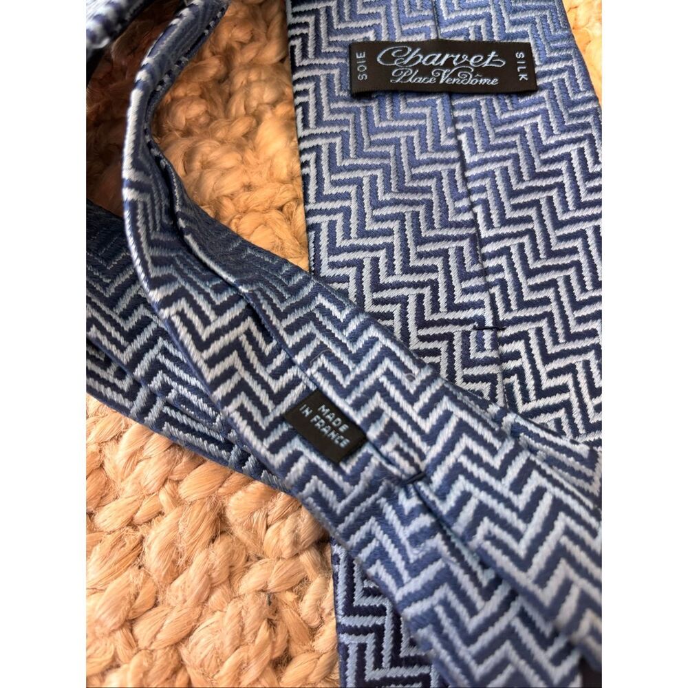 Charvet Paris Blue Geometric Silk Tie | Luxury French Designer Necktie | Chevron - Picture 5 of 7